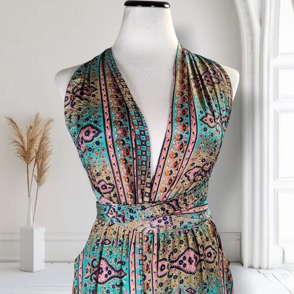 Karma Highway Multi Way Halter Wide Leg Jumpsuit OS  Boho Paisley Viscose - Picture 5 of 16